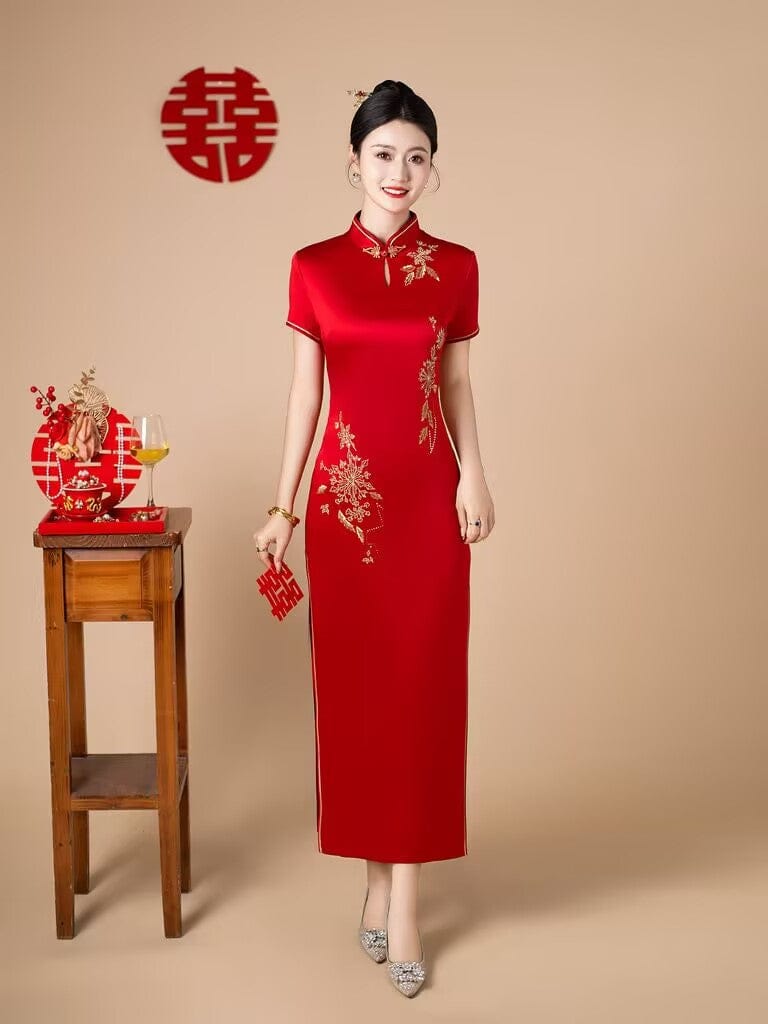 Beth and Brian Qipao-FS Floral embroidery, acetate satin fabric, red long Cheongsam