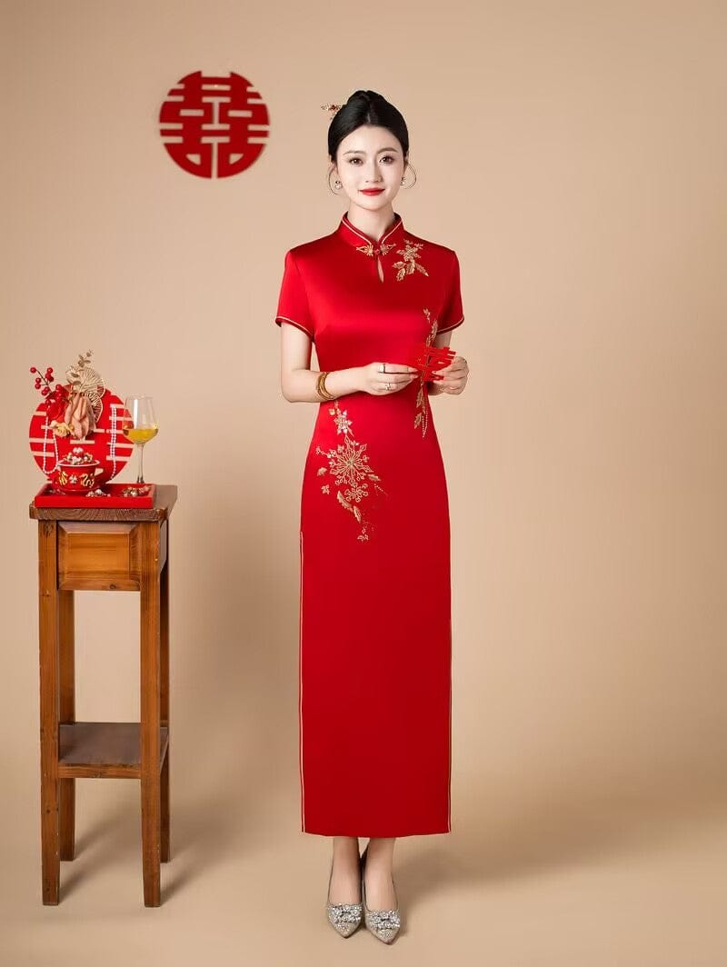 Beth and Brian Qipao-FS Floral embroidery, acetate satin fabric, red long Cheongsam