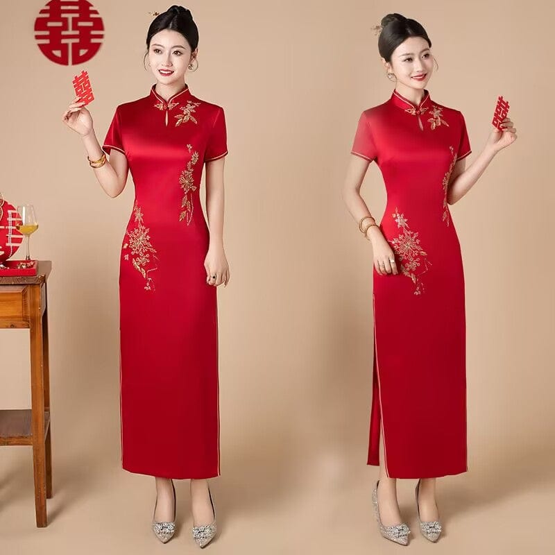 Beth and Brian Qipao-FS Floral embroidery, acetate satin fabric, red long Cheongsam