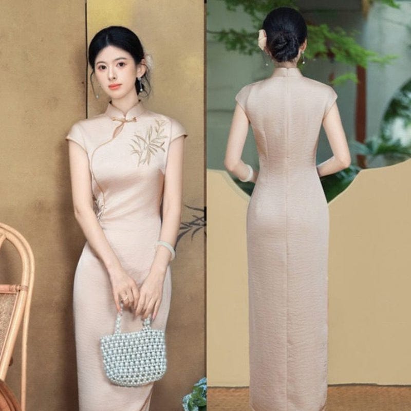 Beth and Brian Qipao-SYK Leaf embroidery, New Chinese style(新中式), satin long Cheongsam