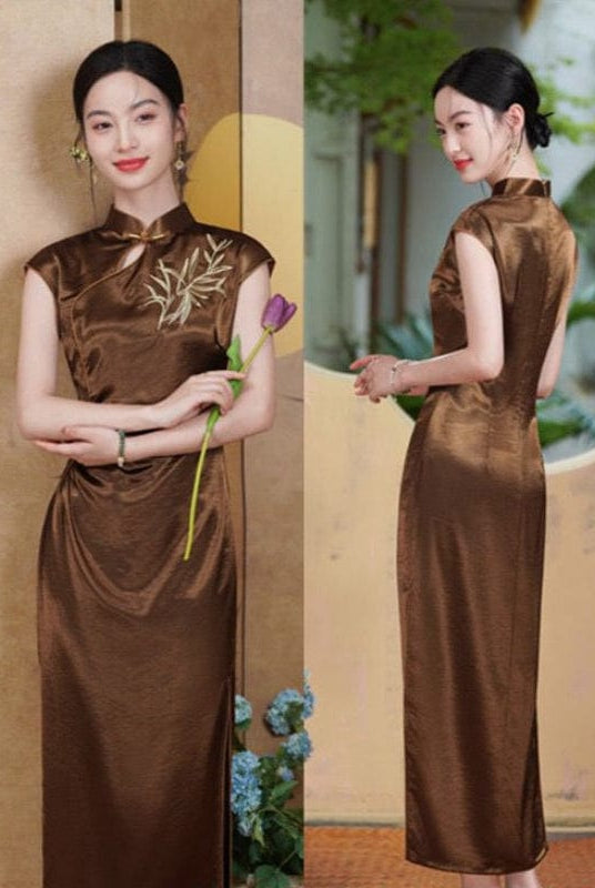 Beth and Brian Qipao-SYK Leaf embroidery, New Chinese style(新中式), satin long Cheongsam