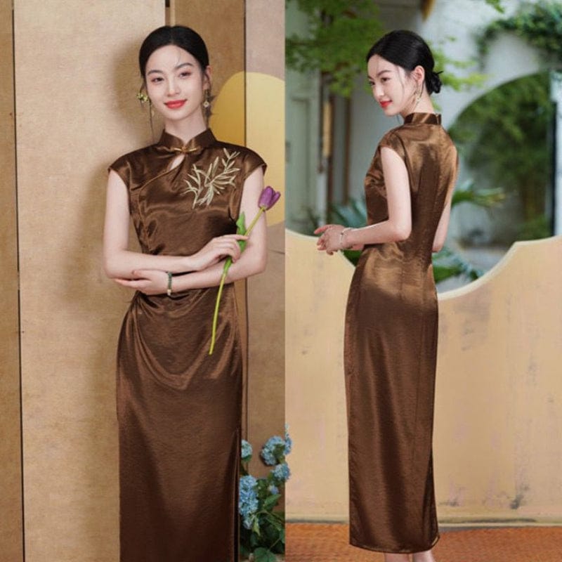 Beth and Brian Qipao-SYK Leaf embroidery, New Chinese style(新中式), satin long Cheongsam