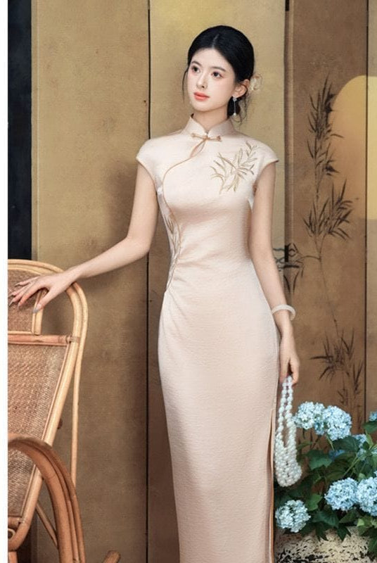 Beth and Brian Qipao-SYK Leaf embroidery, New Chinese style(新中式), satin long Cheongsam