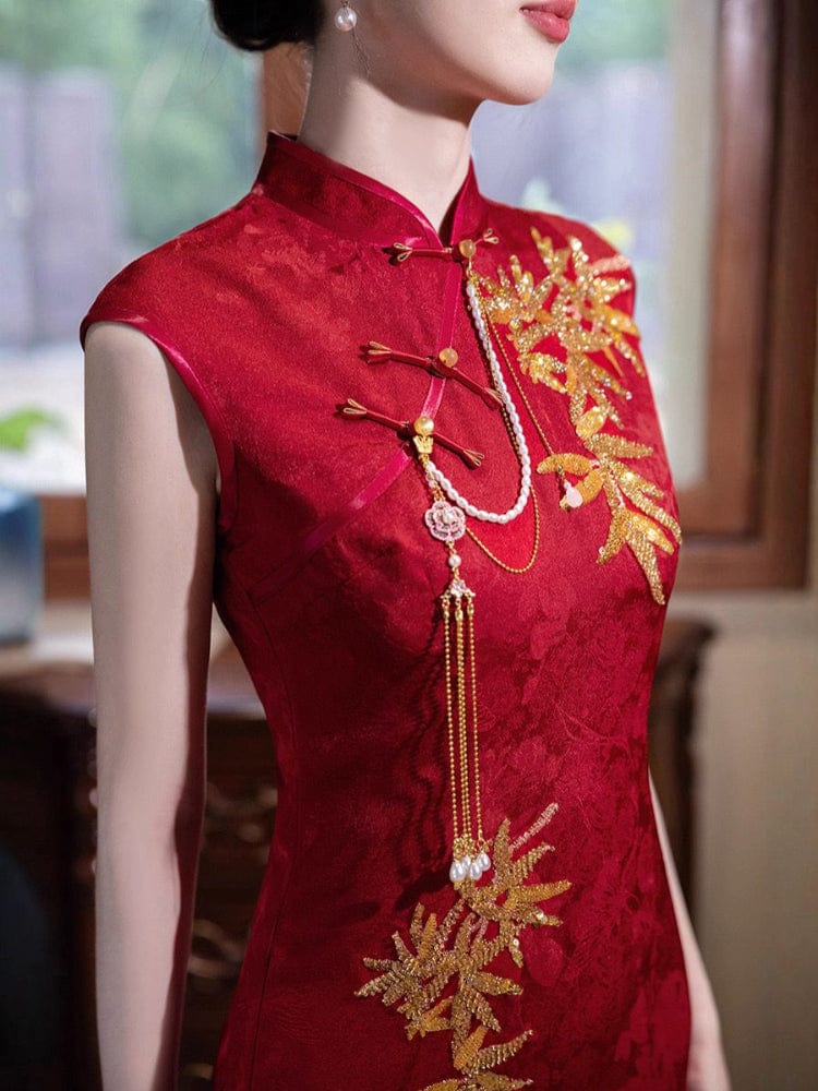 Beth and Brian Qipao-XWC Leaf embroidery, acetate jacquard midi Cheongsam