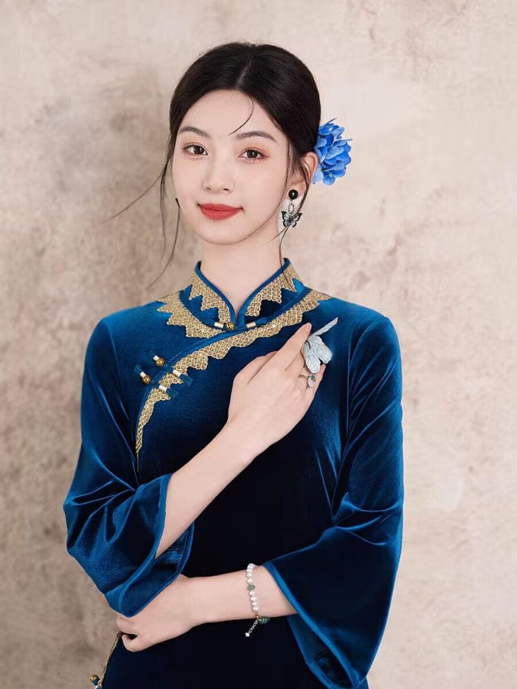 Beth and Brian Qipao-TF Fall and winter collection, Velvet fabric, plain pattern long Cheongsam