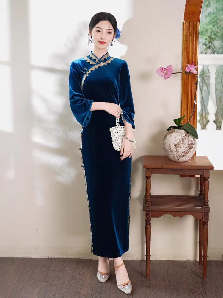 Beth and Brian Qipao-TF Fall and winter collection, Velvet fabric, plain pattern long Cheongsam