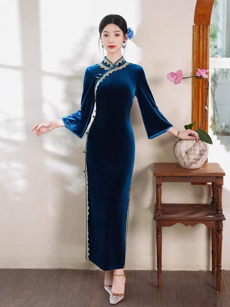 Beth and Brian Qipao-TF Fall and winter collection, Velvet fabric, plain pattern long Cheongsam