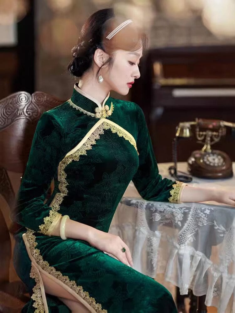Beth and Brian Qipao-TF Jacquard silk, retro green long Cheongsam