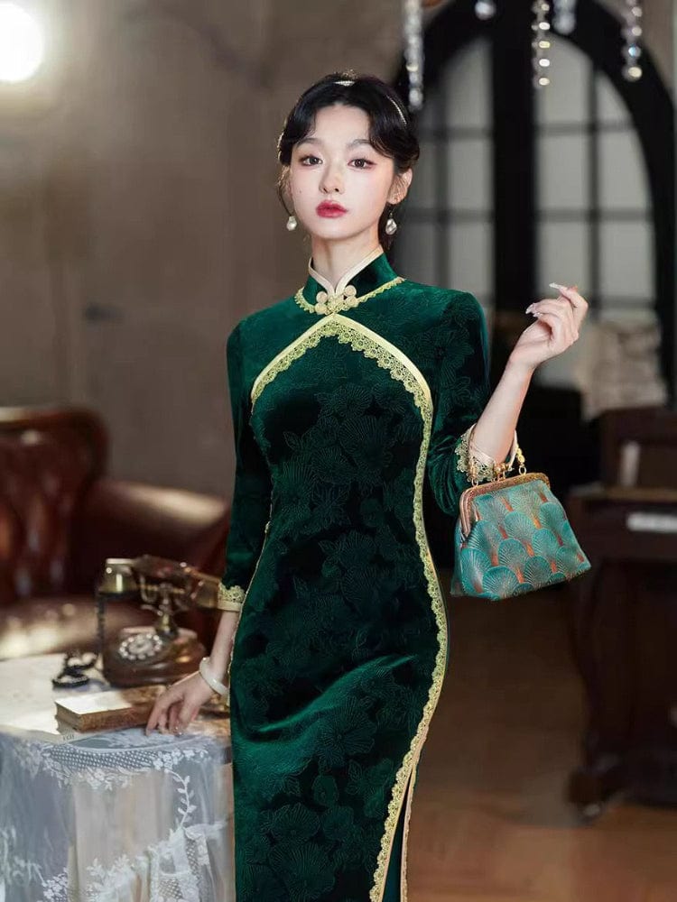 Beth and Brian Qipao-TF Jacquard silk, retro green long Cheongsam
