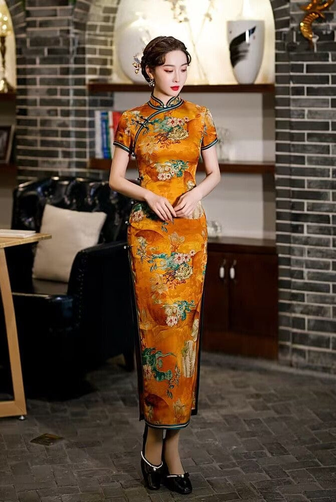 Beth and Brian Qipao-TQX Old Shanghai style, hualuo satin, yellow long Cheongsam