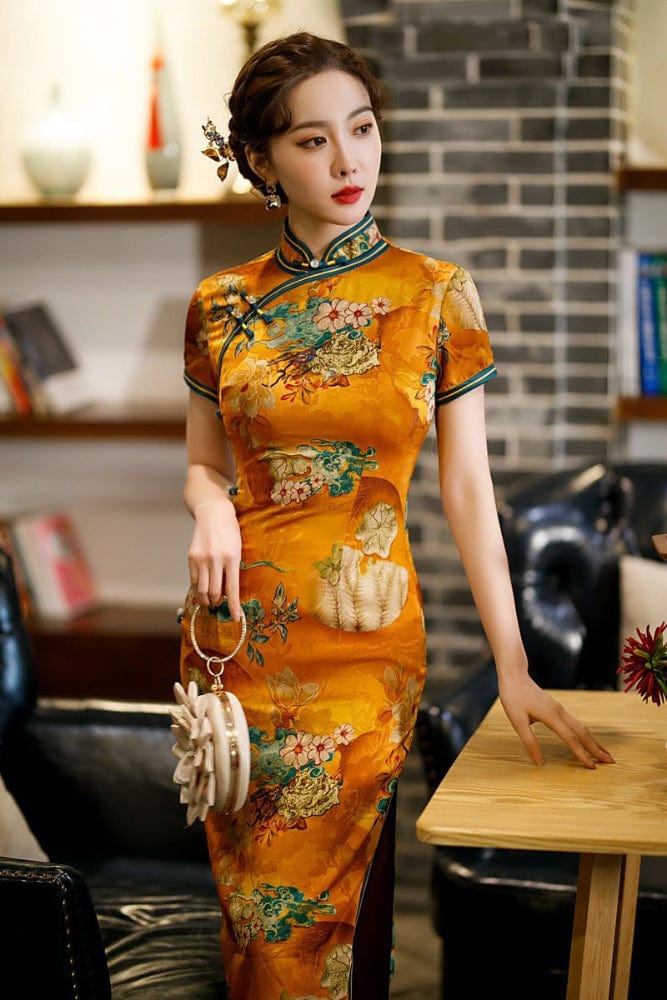 Beth and Brian Qipao-TQX Old Shanghai style, hualuo satin, yellow long Cheongsam