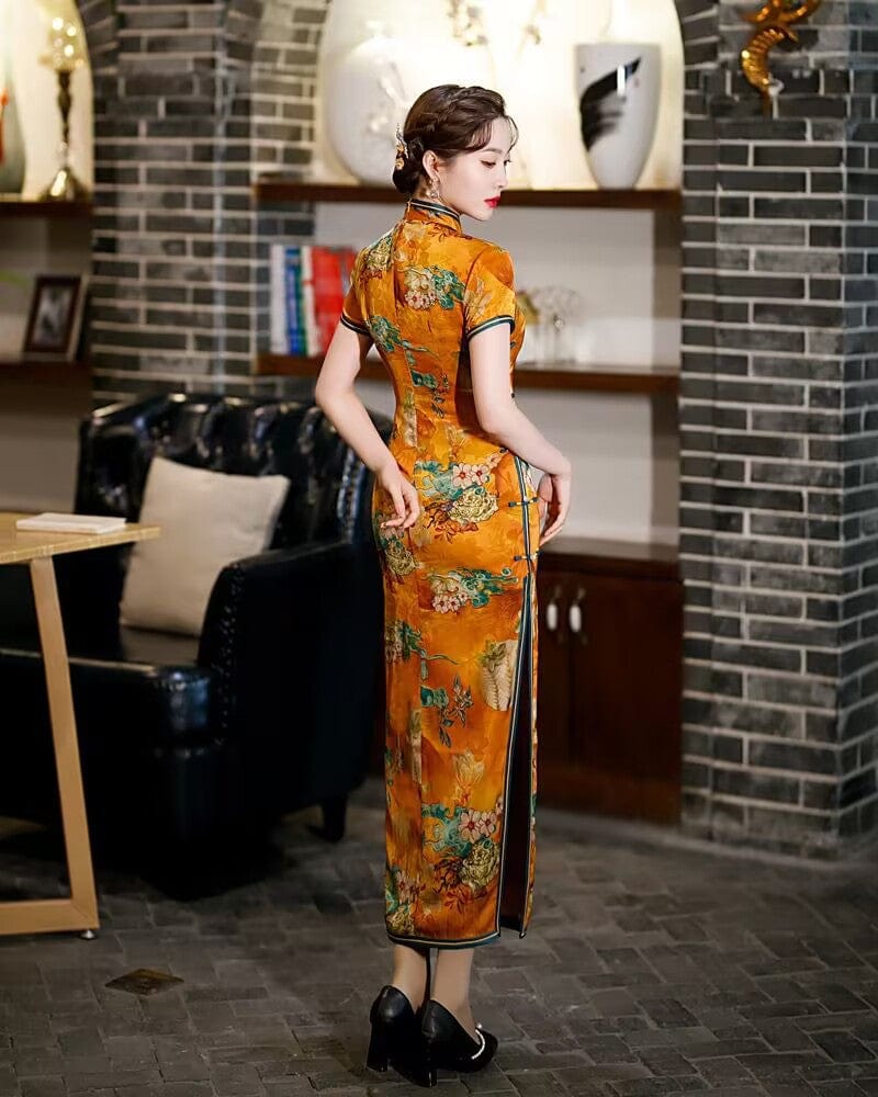 Beth and Brian Qipao-TQX Old Shanghai style, hualuo satin, yellow long Cheongsam