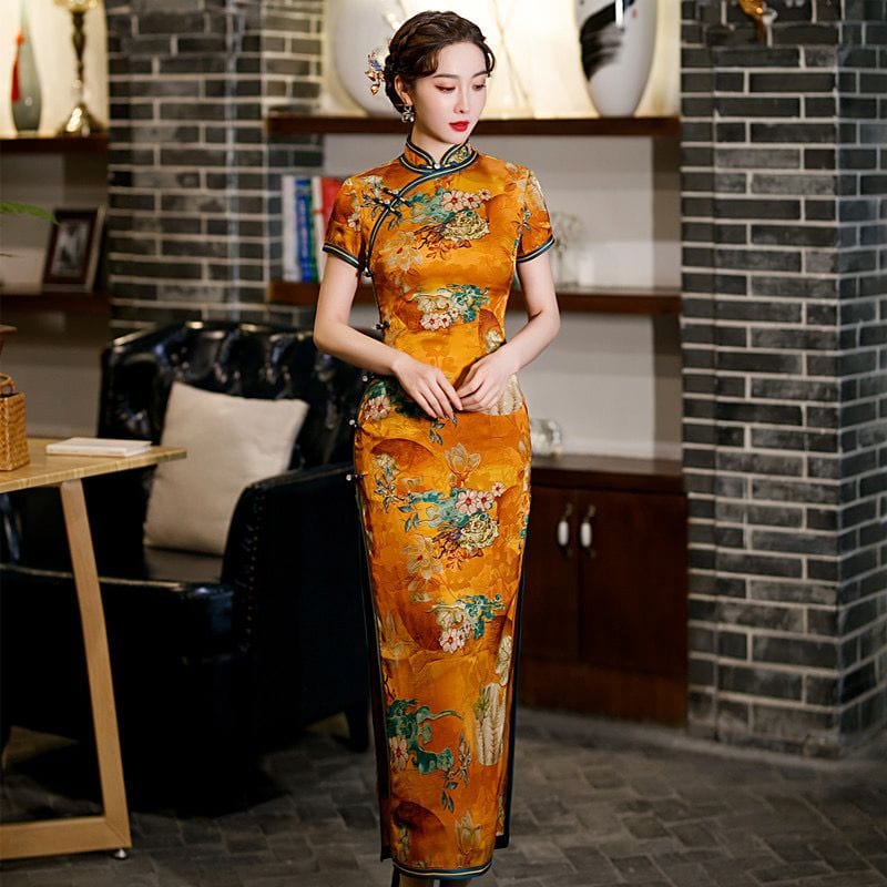 Beth and Brian Qipao-TQX Old Shanghai style, hualuo satin, yellow long Cheongsam