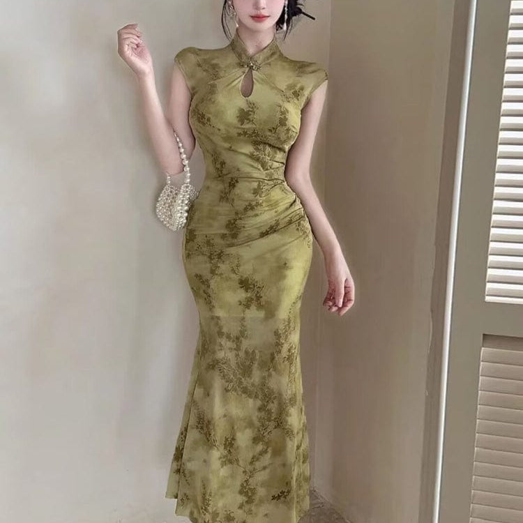 Beth and Brian Qipao-YXL New Chinese style (新中式), floral pattern long Cheongsam