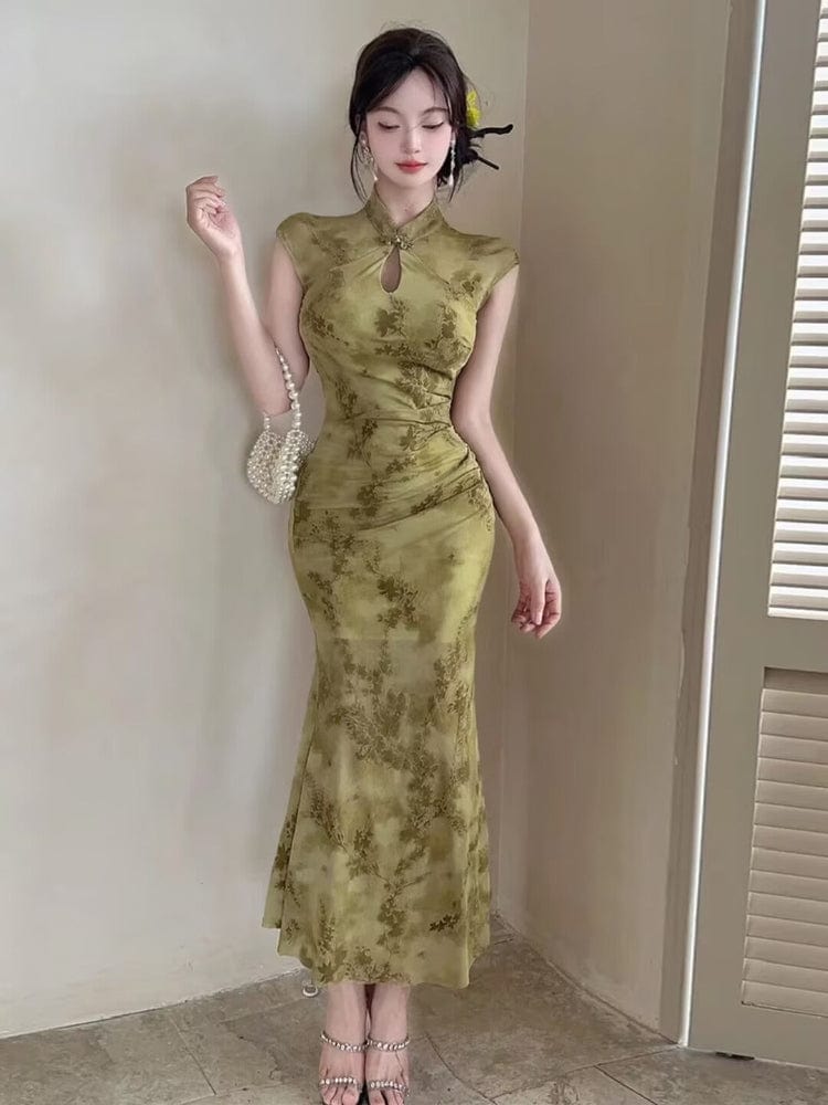 Beth and Brian Qipao-YXL New Chinese style (新中式), floral pattern long Cheongsam