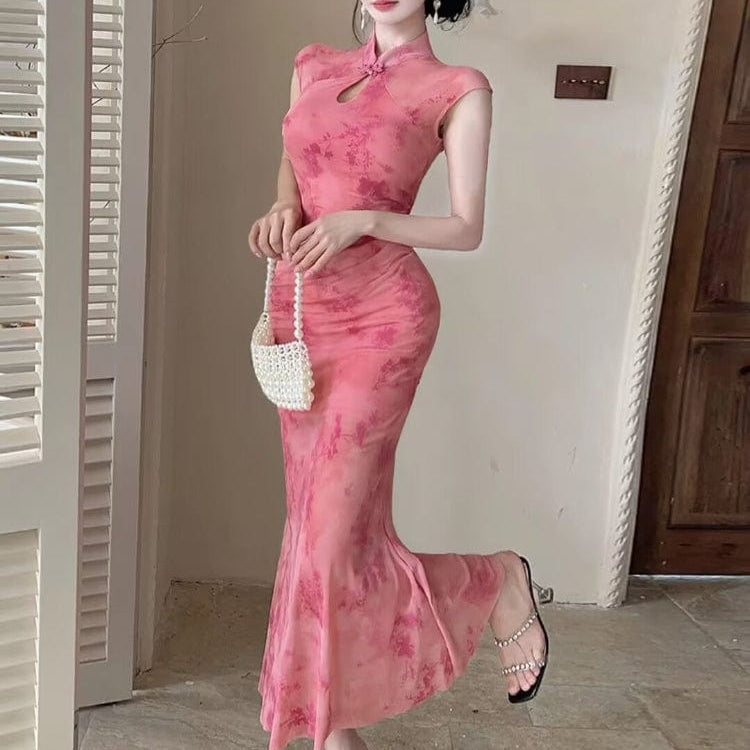 Beth and Brian Qipao-YXL New Chinese style (新中式), floral pattern long Cheongsam