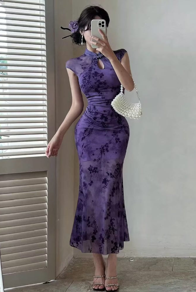 Beth and Brian Qipao-YXL New Chinese style (新中式), floral pattern long Cheongsam