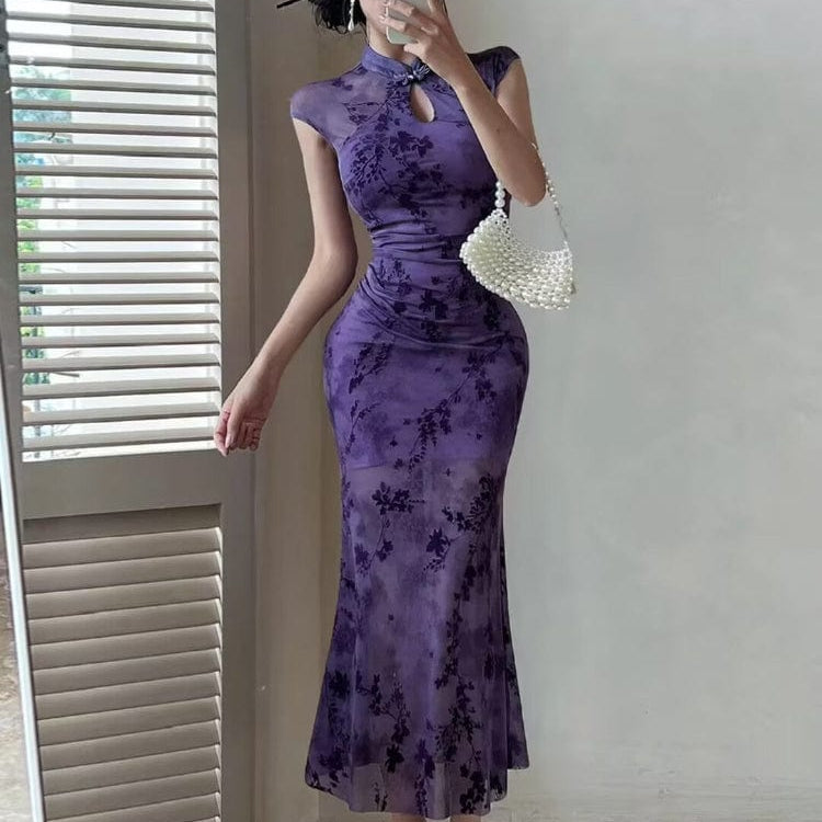 Beth and Brian Qipao-YXL New Chinese style (新中式), floral pattern long Cheongsam