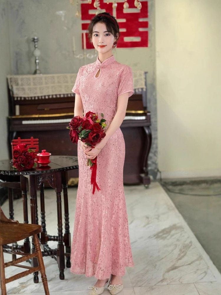 Beth and Brian Qipao-WFY Floral pattern, water drop collar, wedding pink mermaid Cheongsam