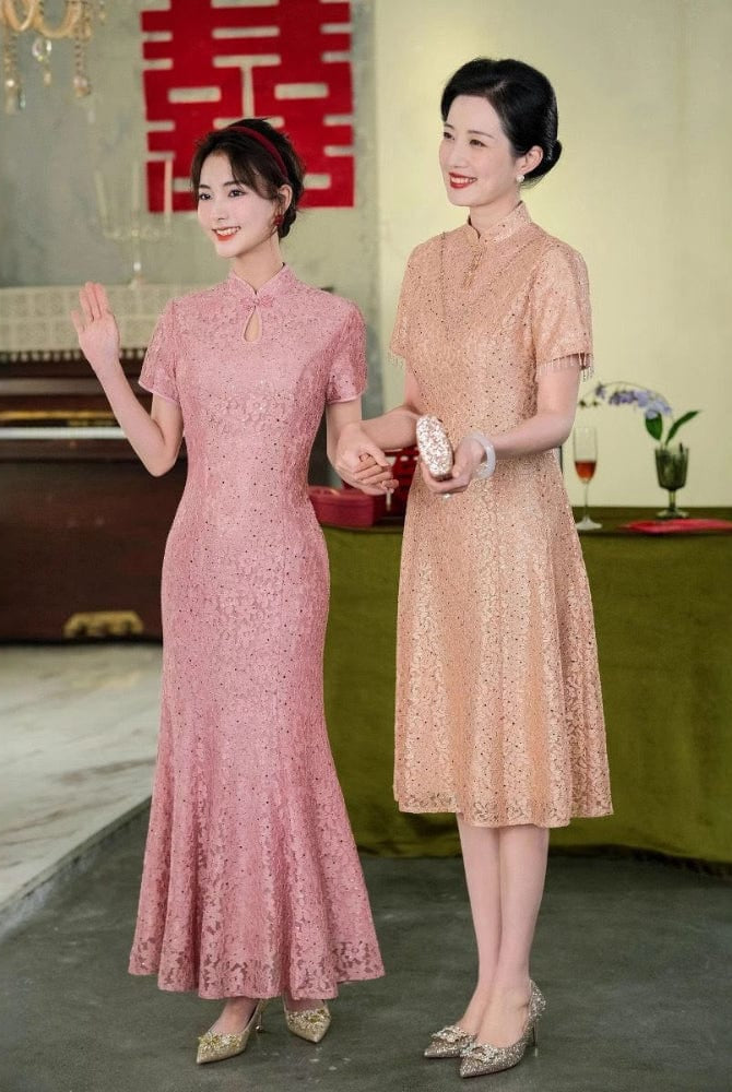 Beth and Brian Qipao-WFY Floral pattern, water drop collar, wedding pink mermaid Cheongsam