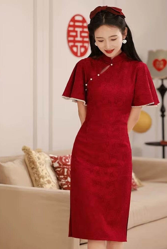 Beth and Brian Qipao-CN Floral pattern, wedding red midi Cheongsam Dress