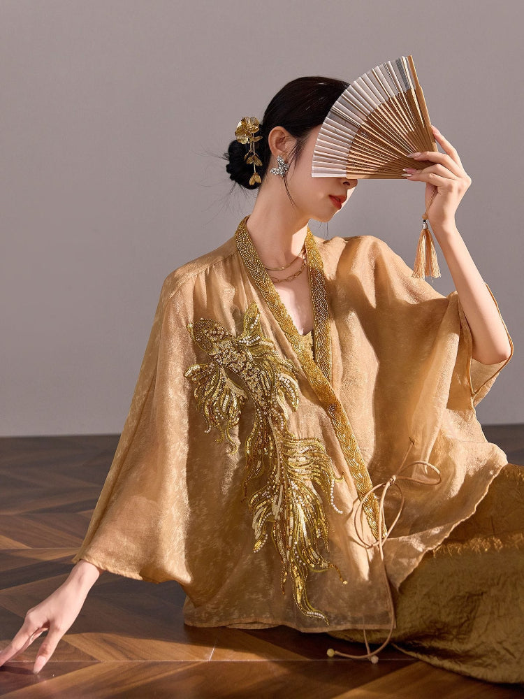 Beth and Brian Qipao-WH Flared sleeves, fish embroidery, loose-fitting gold Qipao coat