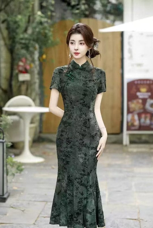 Beth and Brian Qipao-SCN Flocking fabric, floral blue&green midi Cheongsam