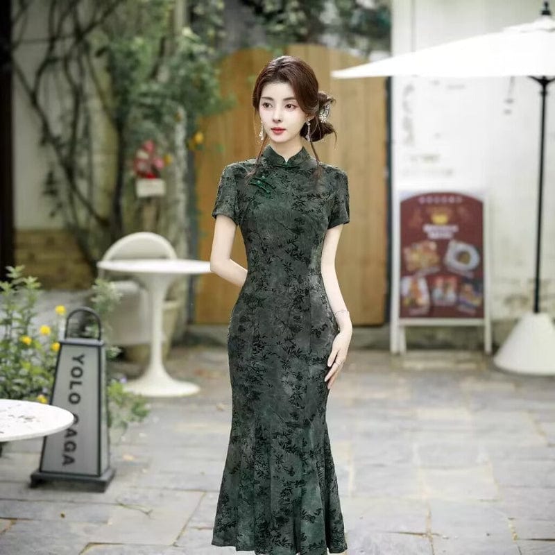 Beth and Brian Qipao-SCN Flocking fabric, floral blue&green midi Cheongsam