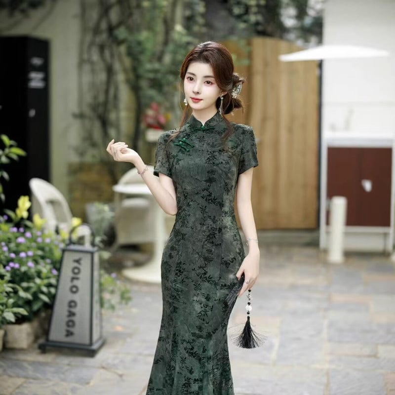 Beth and Brian Qipao-SCN Flocking fabric, floral blue&green midi Cheongsam