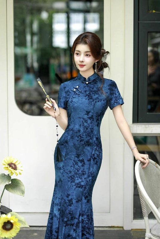 Beth and Brian Qipao-SCN Flocking fabric, floral blue&green midi Cheongsam