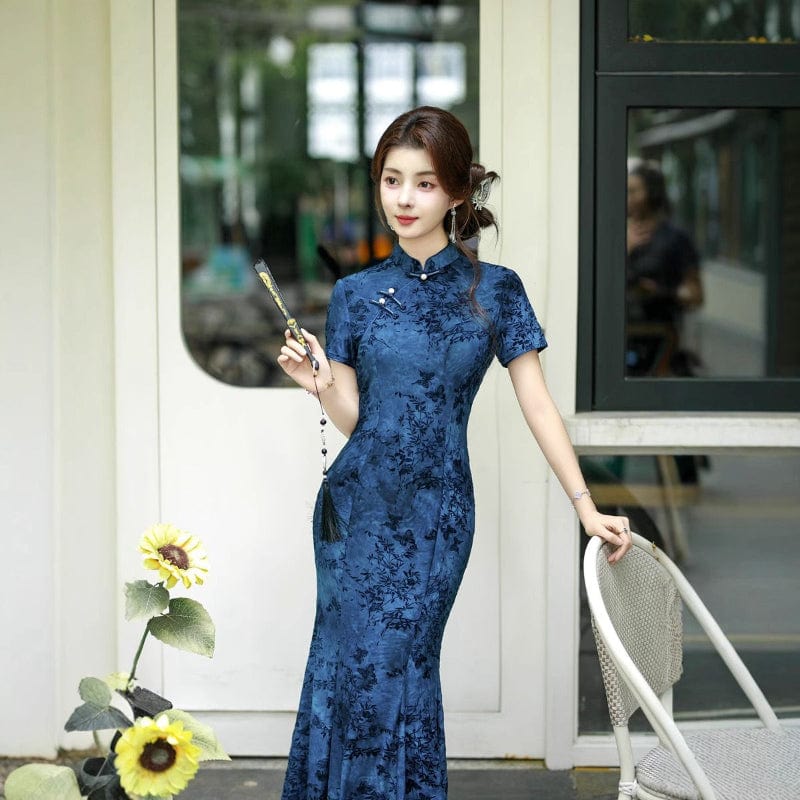 Beth and Brian Qipao-SCN Flocking fabric, floral blue&green midi Cheongsam