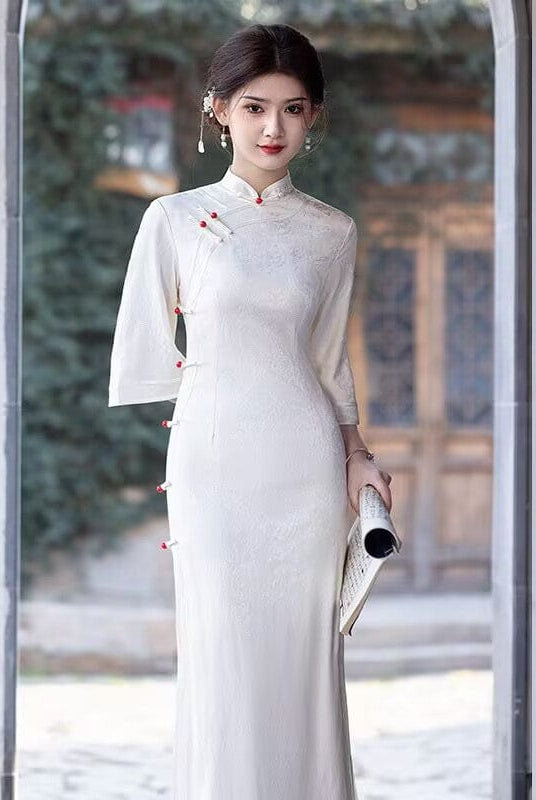 Beth and Brian Qipao-ZQYS Floral pattern, satin fabric, white long Cheongsam