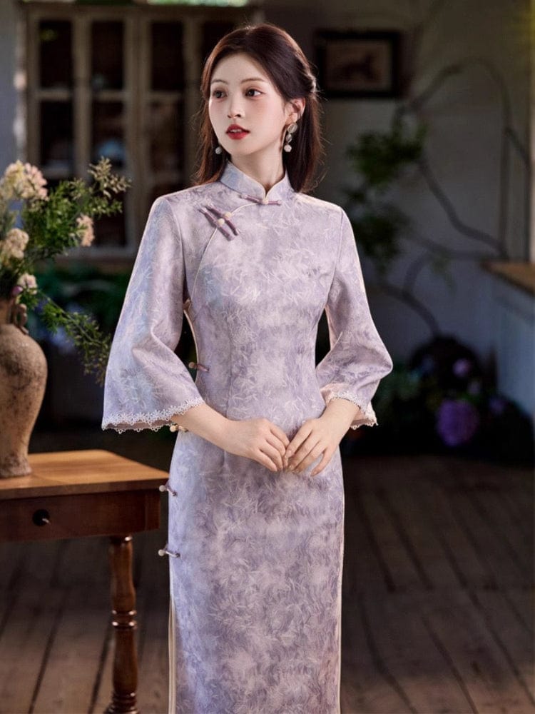Beth and Brian Qipao - JN Fall collection, leaf pattern, satin fabric, purple midi Cheongsam