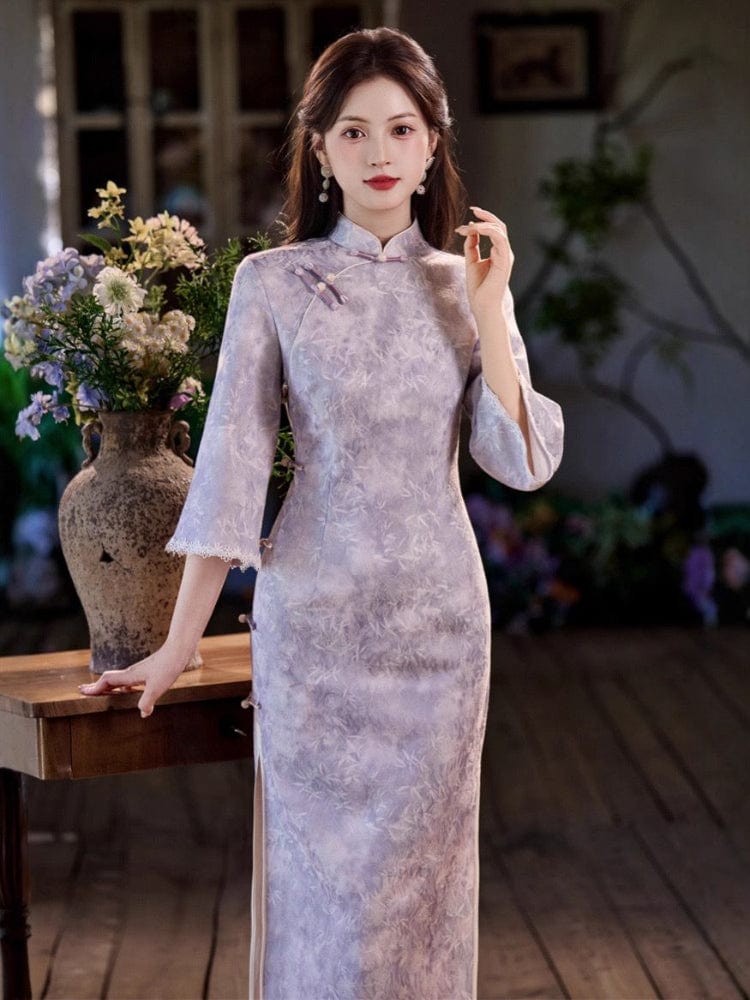 Beth and Brian Qipao - JN Fall collection, leaf pattern, satin fabric, purple midi Cheongsam