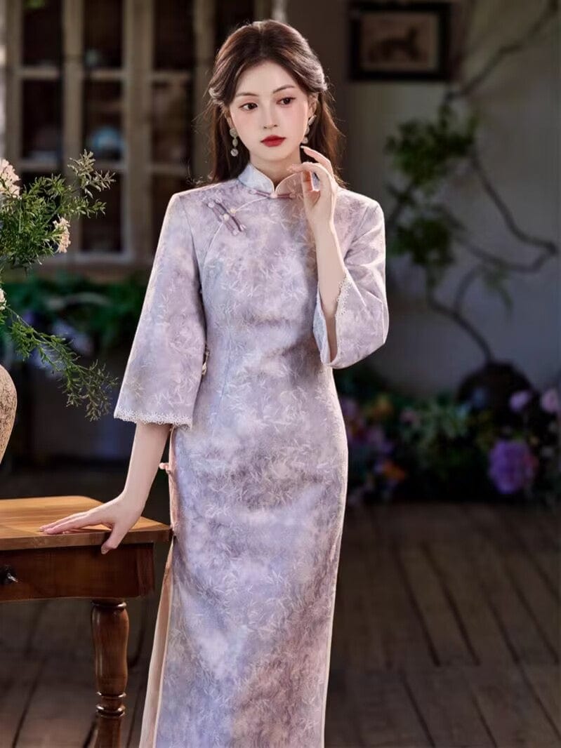 Beth and Brian Qipao - JN Fall collection, leaf pattern, satin fabric, purple midi Cheongsam