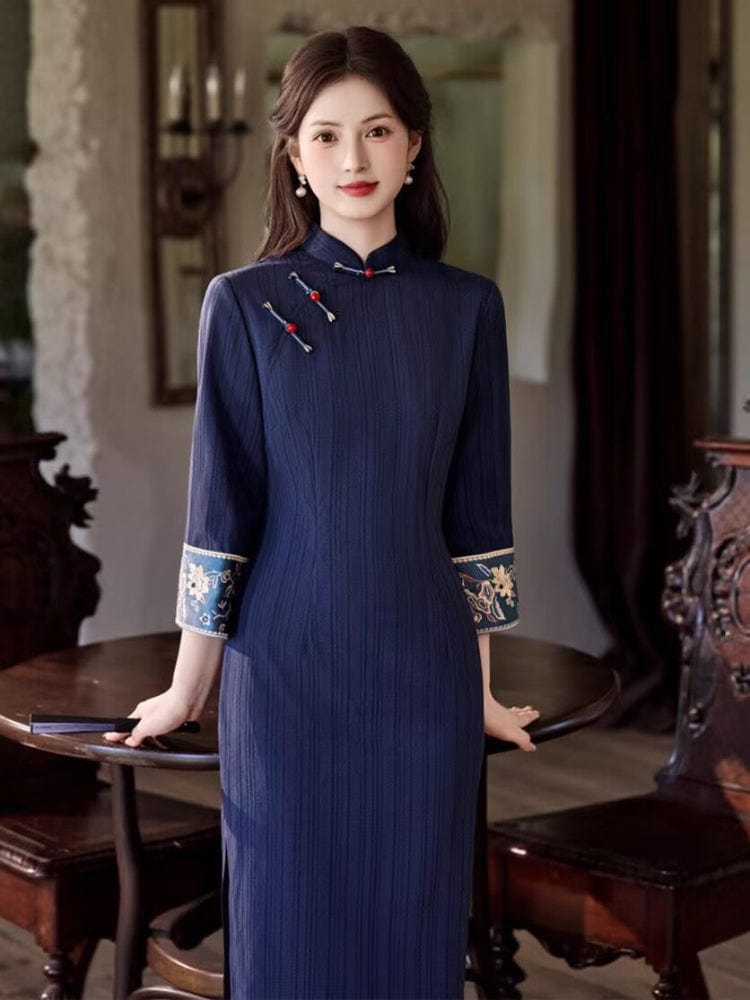 Beth and Brian Qipao-JN Stripe pattern, TR jacquard cotton mid-length Cheongsam