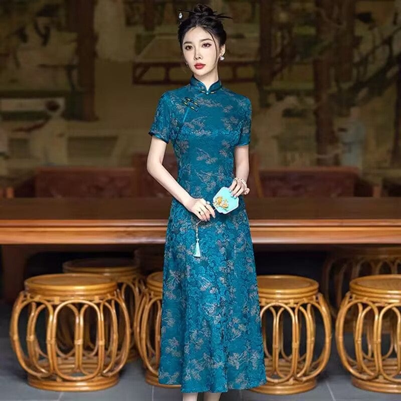 Beth and Brian Qipao-SYG Summer and fall collection, blue midi Cheongsam for mothers