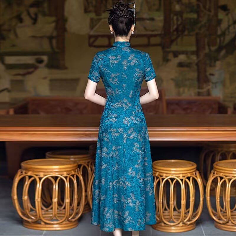 Beth and Brian Qipao-SYG Summer and fall collection, blue midi Cheongsam for mothers