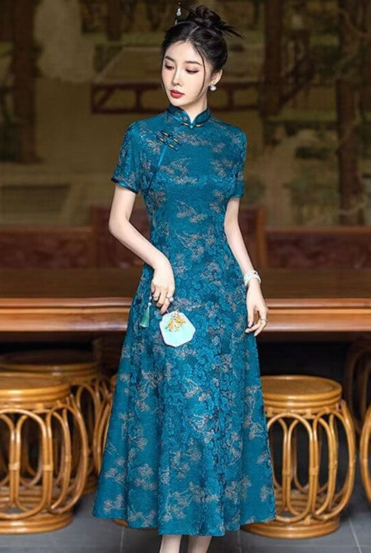 Beth and Brian Qipao-SYG Summer and fall collection, blue midi Cheongsam for mothers