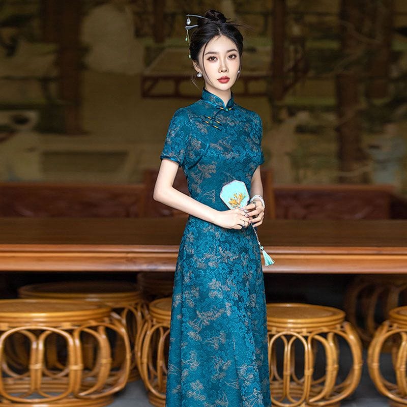 Beth and Brian Qipao-SYG Summer and fall collection, blue midi Cheongsam for mothers