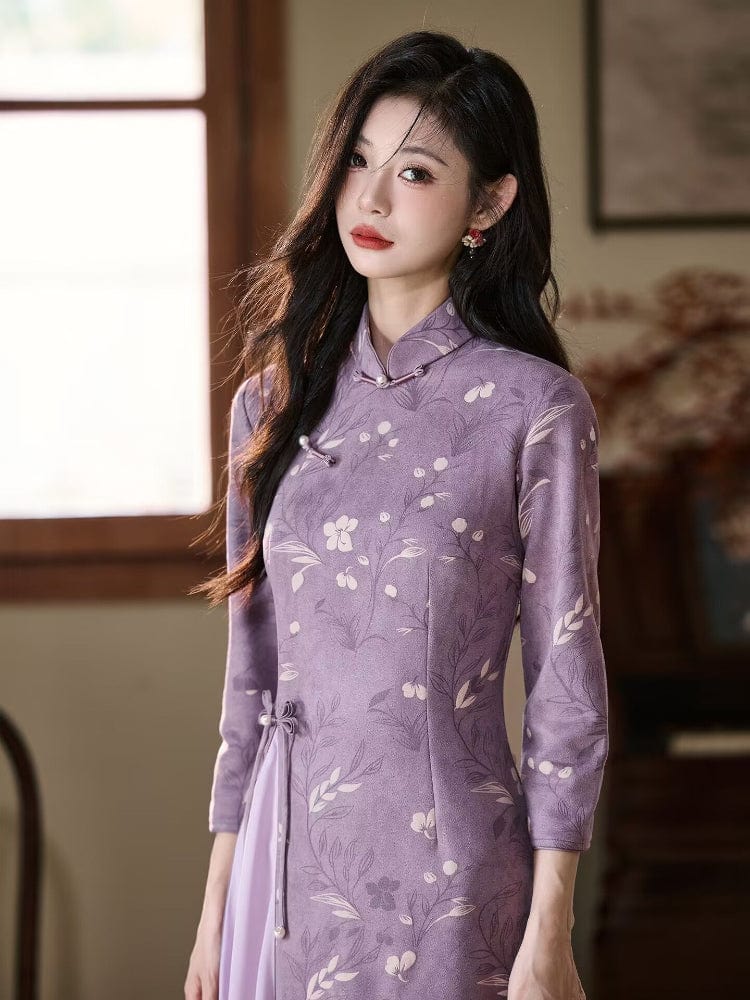 Beth and Brian Qipao-LSB Floral pattern, purple midi Ao dai