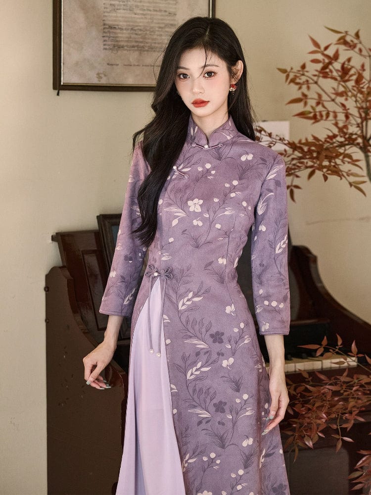 Beth and Brian Qipao-LSB Floral pattern, purple midi Ao dai