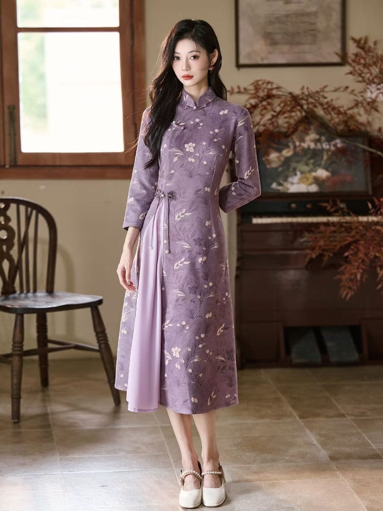 Beth and Brian Qipao-LSB Floral pattern, purple midi Ao dai