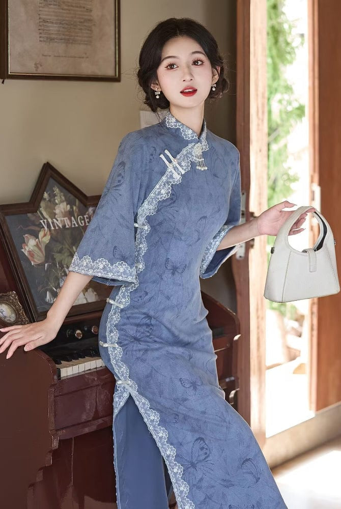 Beth and Brian Qipao-LSB Butterfly pattern, suede fabric, blue midi Cheongsam