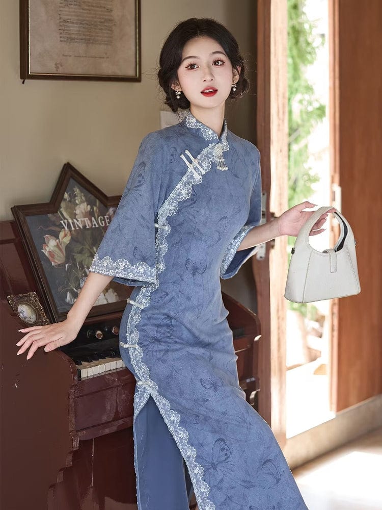 Beth and Brian Qipao-LSB Butterfly pattern, suede fabric, blue midi Cheongsam