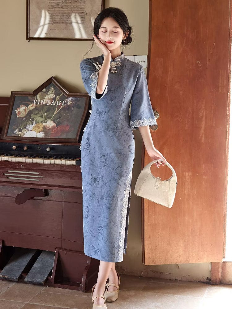 Beth and Brian Qipao-LSB Butterfly pattern, suede fabric, blue midi Cheongsam