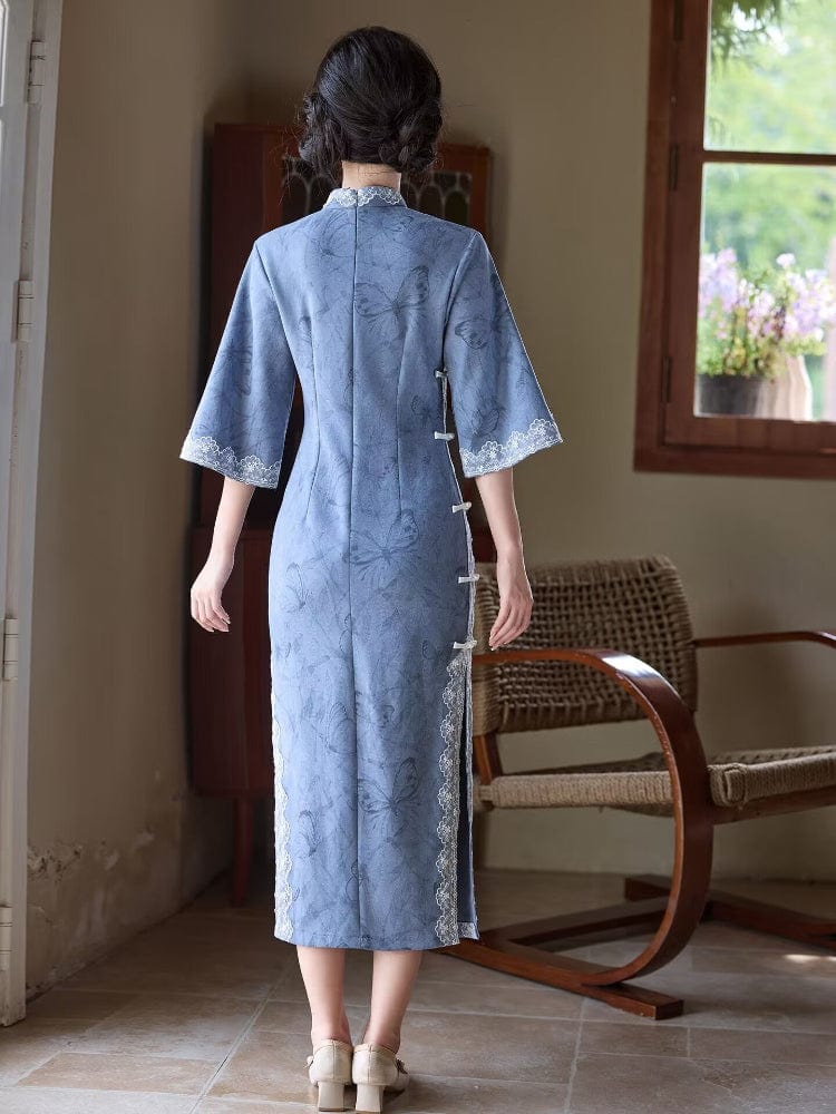 Beth and Brian Qipao-LSB Butterfly pattern, suede fabric, blue midi Cheongsam