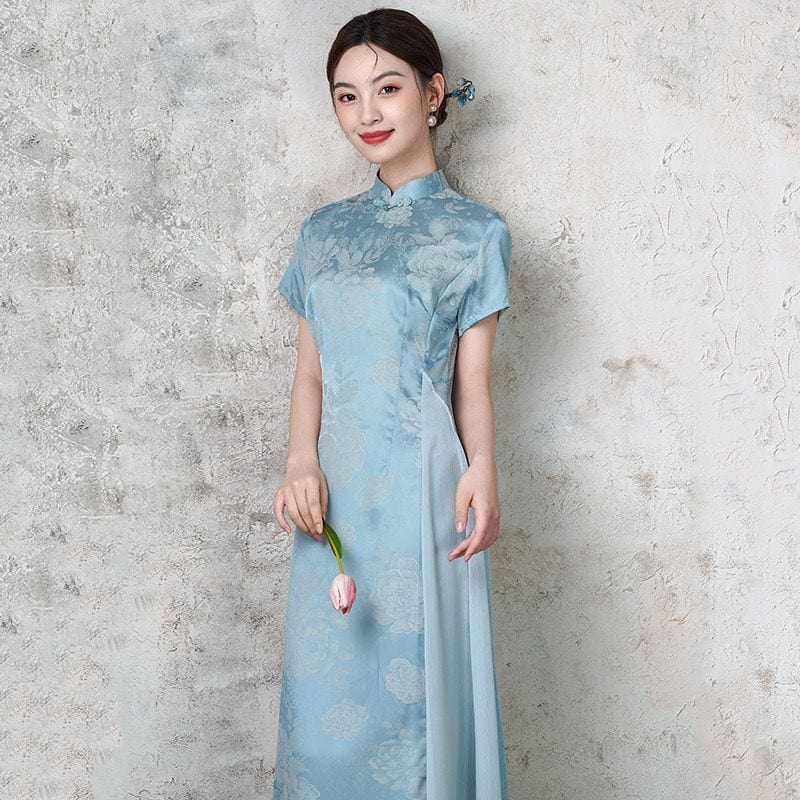 Beth and Brian Qipao-ZQYS Floral pattern, light blue midi Ao dai