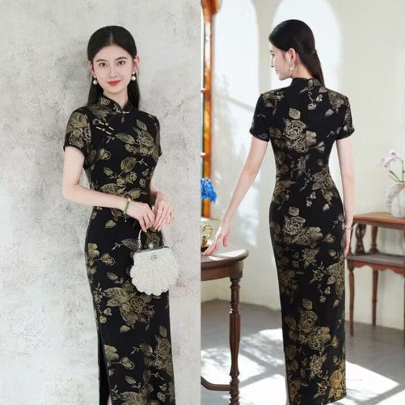 Beth and Brian Qipao-SYK Plus size, floral black long Cheongsam
