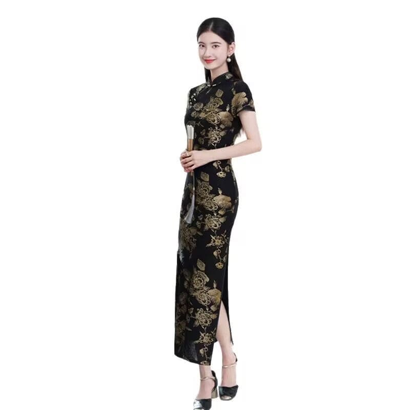 Beth and Brian Qipao-SYK Plus size, floral black long Cheongsam